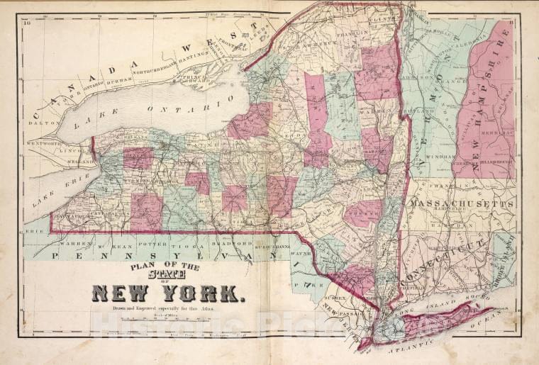 Historic 1873 Map - Plan Of The State Of New York. - Vintage Wall Art