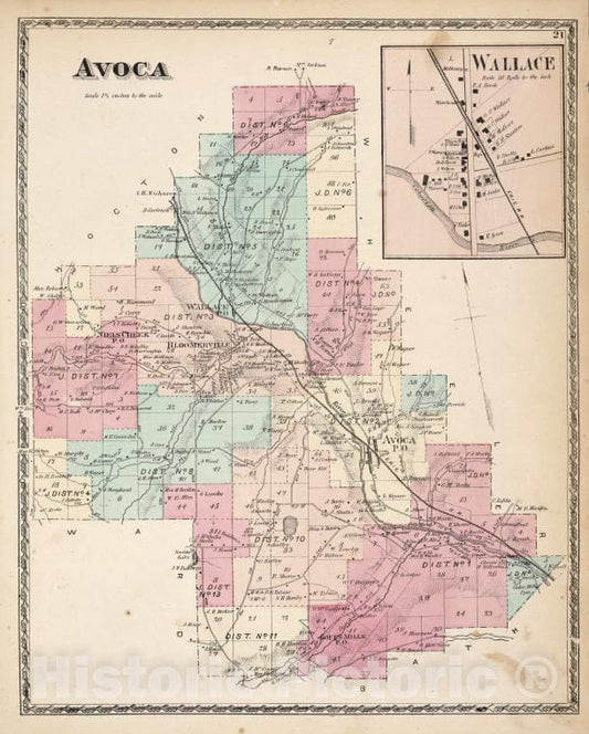 Historic 1873 Map - Avoca [Township]; Wallace [Village] - Vintage Wall Art