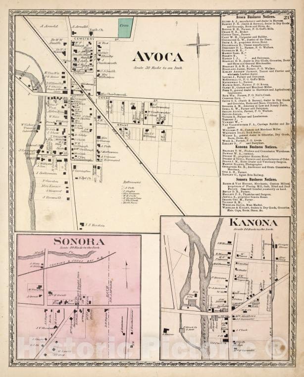 Historic 1873 Map - Avoca [Village]; Avoca Business Notices; Kanona Business Notic - Vintage Wall Art
