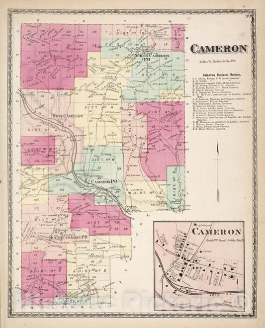 Historic 1873 Map - Cameron [Township]; Cameron Business Notices; Cameron [Village - Vintage Wall Art