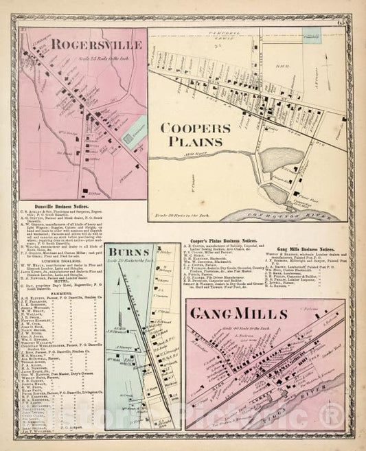 Historic 1873 Map - Rogersville [Village]; Coopers Plains [Village]; Dansville Busin - Vintage Wall Art