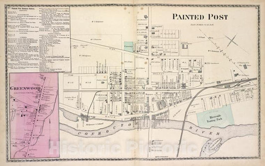 Historic 1873 Map - Painted Post Business Notices; Greenwood [Village]; Painted Po - Vintage Wall Art