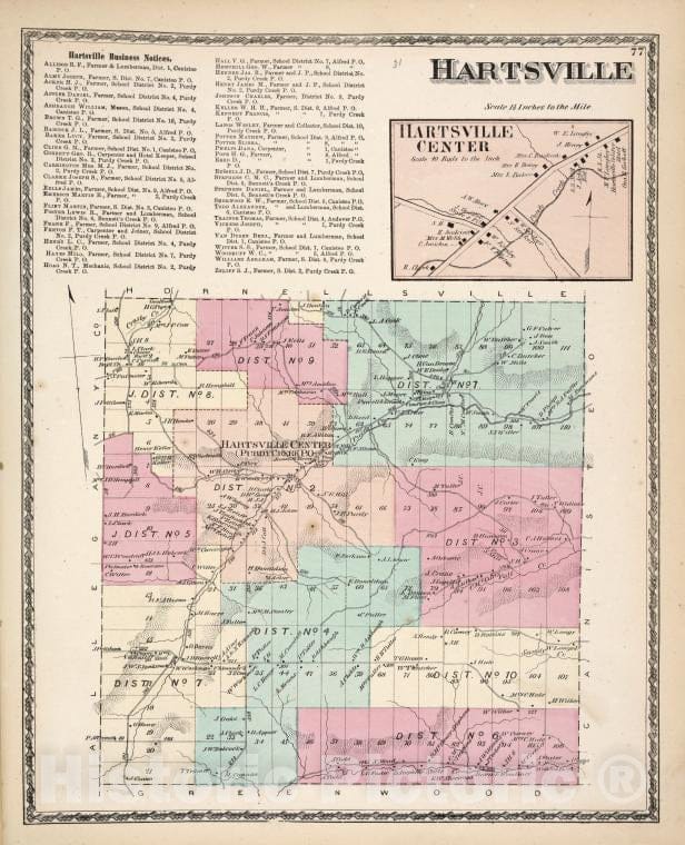 Historic 1873 Map - Hartsville Business Notices; Hartsville [Township]; Hartsville - Vintage Wall Art