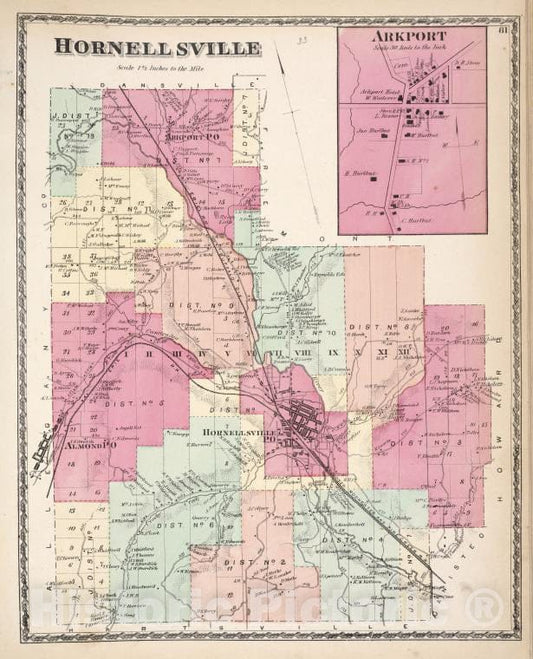 Historic 1873 Map - Hornellsville [Township]; Arkport [Village] - Vintage Wall Art