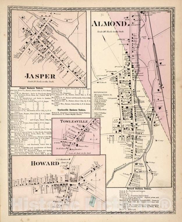 Historic 1873 Map - Jasper [Village]; Jasper Business Notices; Towlesville Busines - Vintage Wall Art