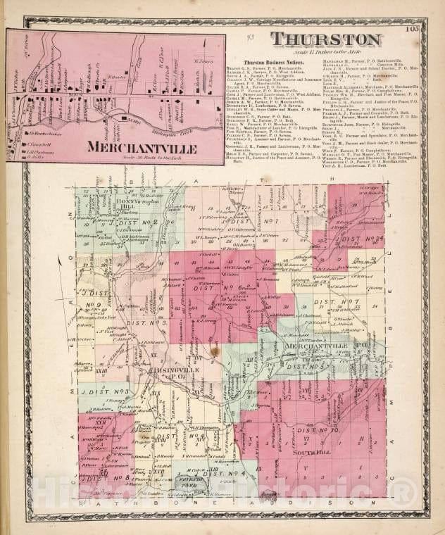 Historic 1873 Map - Merchantville [Village]; Thurston [Township]; Thurston Business - Vintage Wall Art