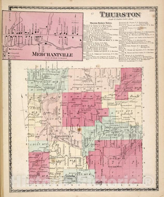 Historic 1873 Map - Merchantville [Village]; Thurston [Township]; Thurston Business - Vintage Wall Art
