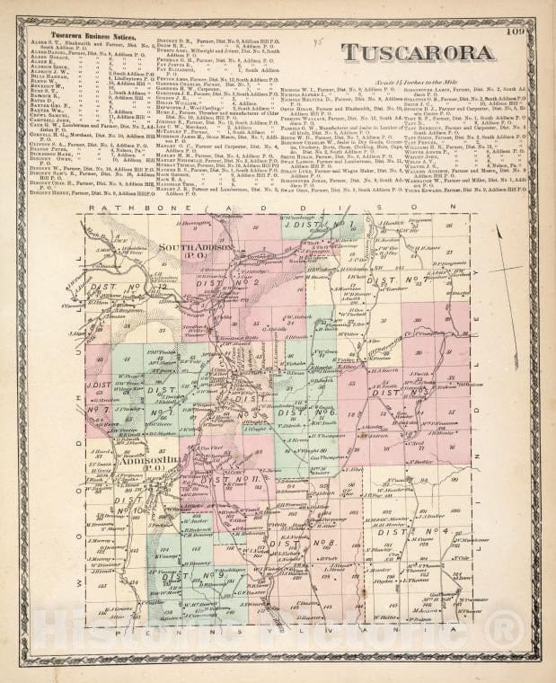 Historic 1873 Map - Tuscarora Business Notices; Tuscarora [Township] - Vintage Wall Art