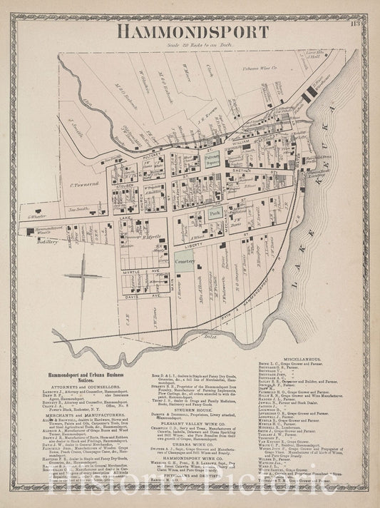 Historic 1873 Map - Hammondsport [Village]; Hammondsport And Urbana Business Notices - Vintage Wall Art
