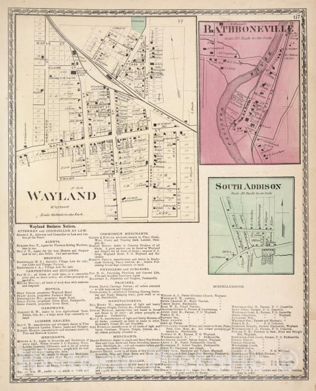 Historic 1873 Map - Wayland [Village]; Bathboneville [Village]; Wayland Business Not - Vintage Wall Art