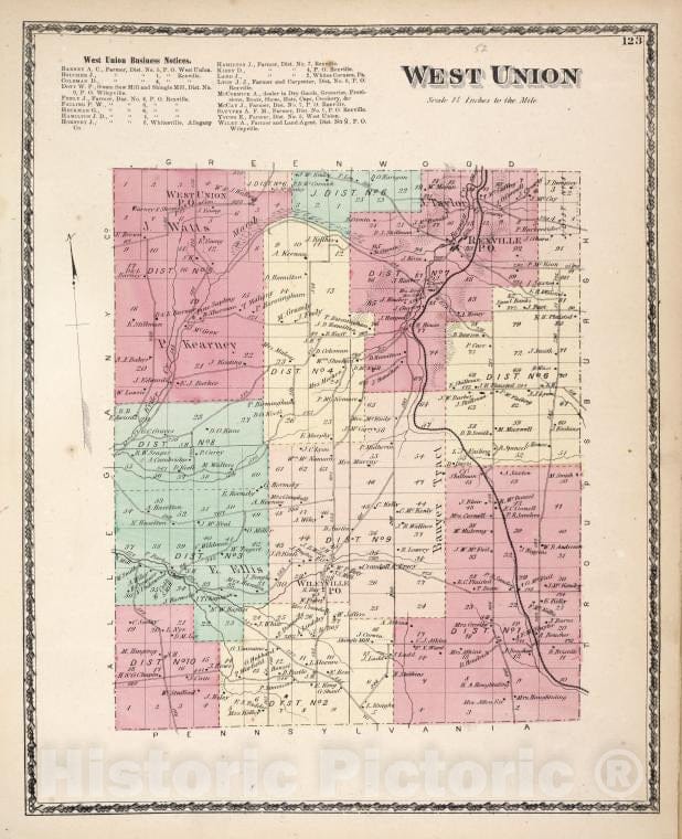 Historic 1873 Map - West Union Business Notices; West Union [Township] - Vintage Wall Art
