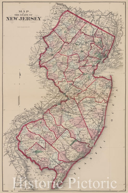 Historic Map - 1873 Monmouth Couty, New Jersey, (N.J.), Map Of The State Of New Jersey - Vintage Wall Art