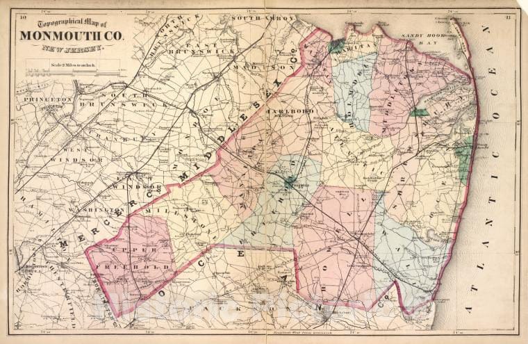 Historic Map - 1873 Monmouth Couty, New Jersey, (N.J.), Topographical Map Of Monmouth Co, New Jersey. - Vintage Wall Art