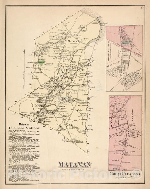 Historic 1873 Map - Matawan Business Notices; Matawan [Township]; Mount Pleasant [ - Vintage Wall Art