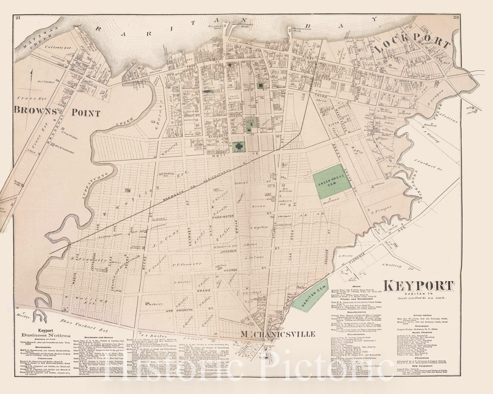 Historic Map - 1873 Monmouth Couty, New Jersey, (N.J.), Keyport [Village]; Keyport Business Notices. - Vintage Wall Art
