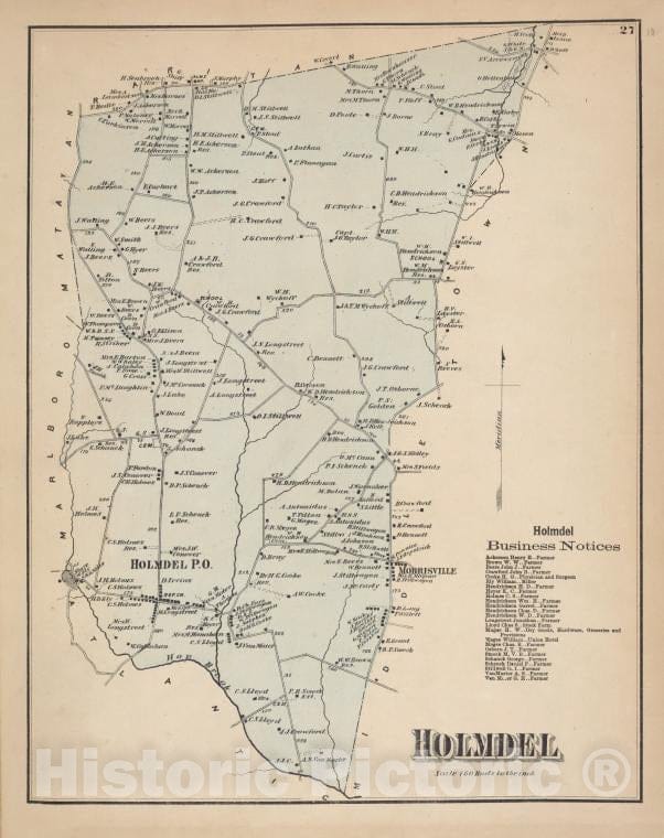 Historic Map - 1873 Monmouth Couty, New Jersey, (N.J.), Holmdel Business Directory; Holmdel [Township] - Vintage Wall Art
