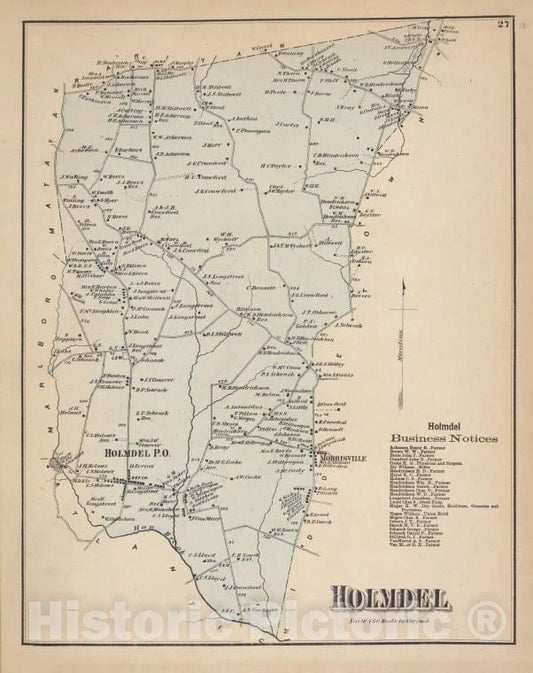 Historic Map - 1873 Monmouth Couty, New Jersey, (N.J.), Holmdel Business Directory; Holmdel [Township] - Vintage Wall Art