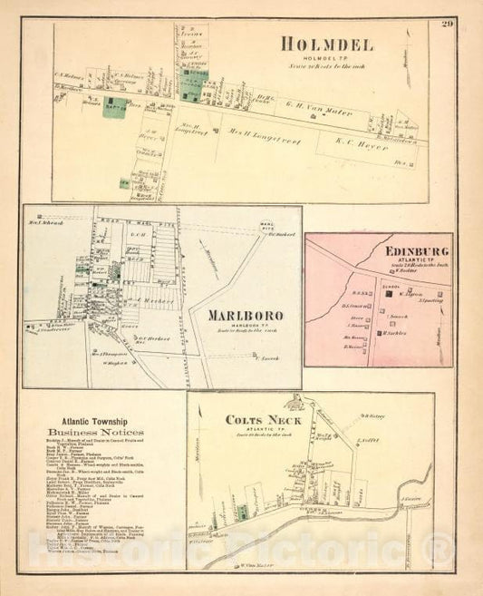 Historic 1873 Map - Holmdel [Village]; Marlboro [Village]; Edinburg [Village]; Atlan - Vintage Wall Art