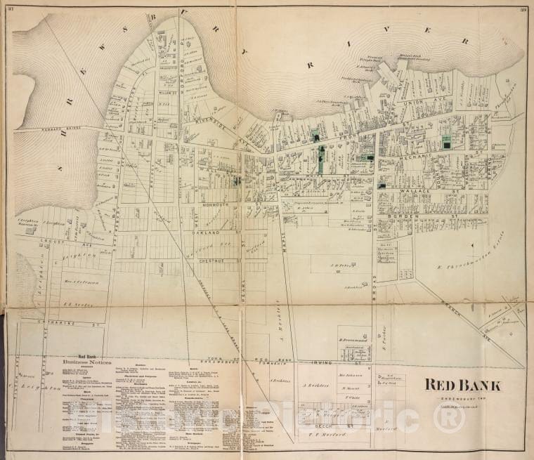 Historic Map - 1873 Monmouth Couty, New Jersey, (N.J.), Redbank Business Directory; Redbank [Village] - Vintage Wall Art