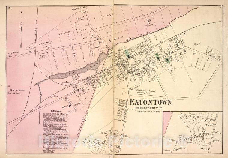 Historic Map - 1873 Monmouth Couty, New Jersey, (N.J.), Eatontown Business Notices; Eatontown [Village] - Vintage Wall Art