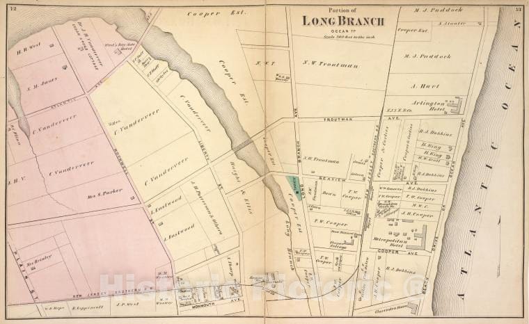 Historic Map - 1873 Monmouth Couty, New Jersey, (N.J.), Portion Of Long Branch [Village] - Vintage Wall Art