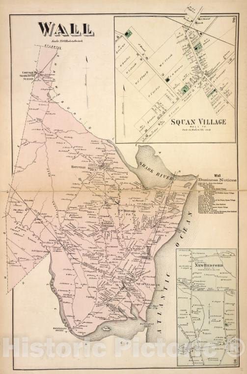 Historic 1873 Map - Wall [Township]; Squan Village [Village]; Wall Business Notices. - Vintage Wall Art