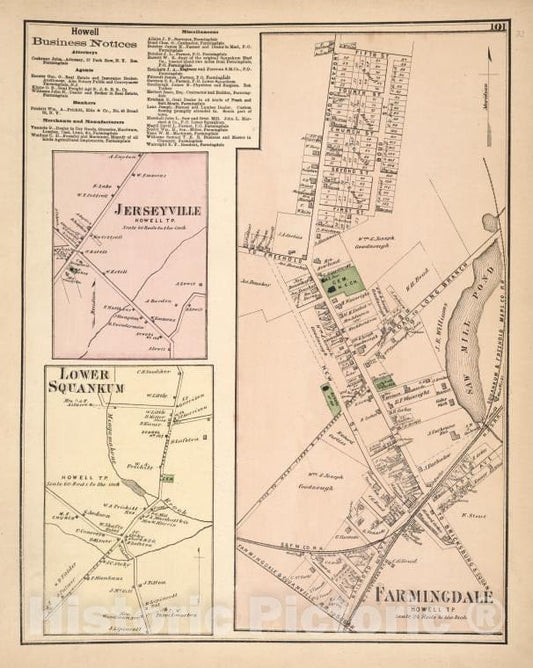 Historic 1873 Map - Howell Business Notices; Jerseyville [Village]; Lower Squakum - Vintage Wall Art