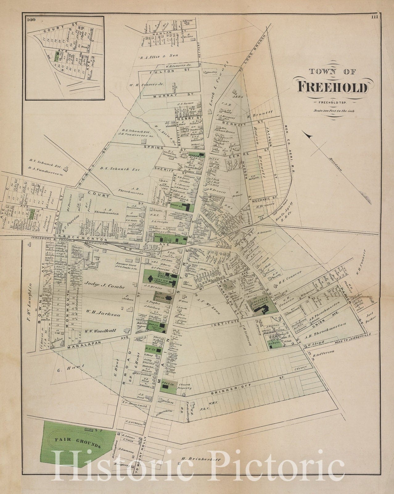 Historic Map - 1873 Monmouth Couty, New Jersey, (N.J.), Town Of Freehold [Village] - Vintage Wall Art