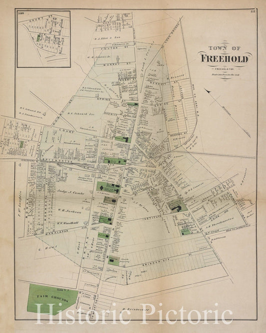Historic Map - 1873 Monmouth Couty, New Jersey, (N.J.), Town Of Freehold [Village] - Vintage Wall Art