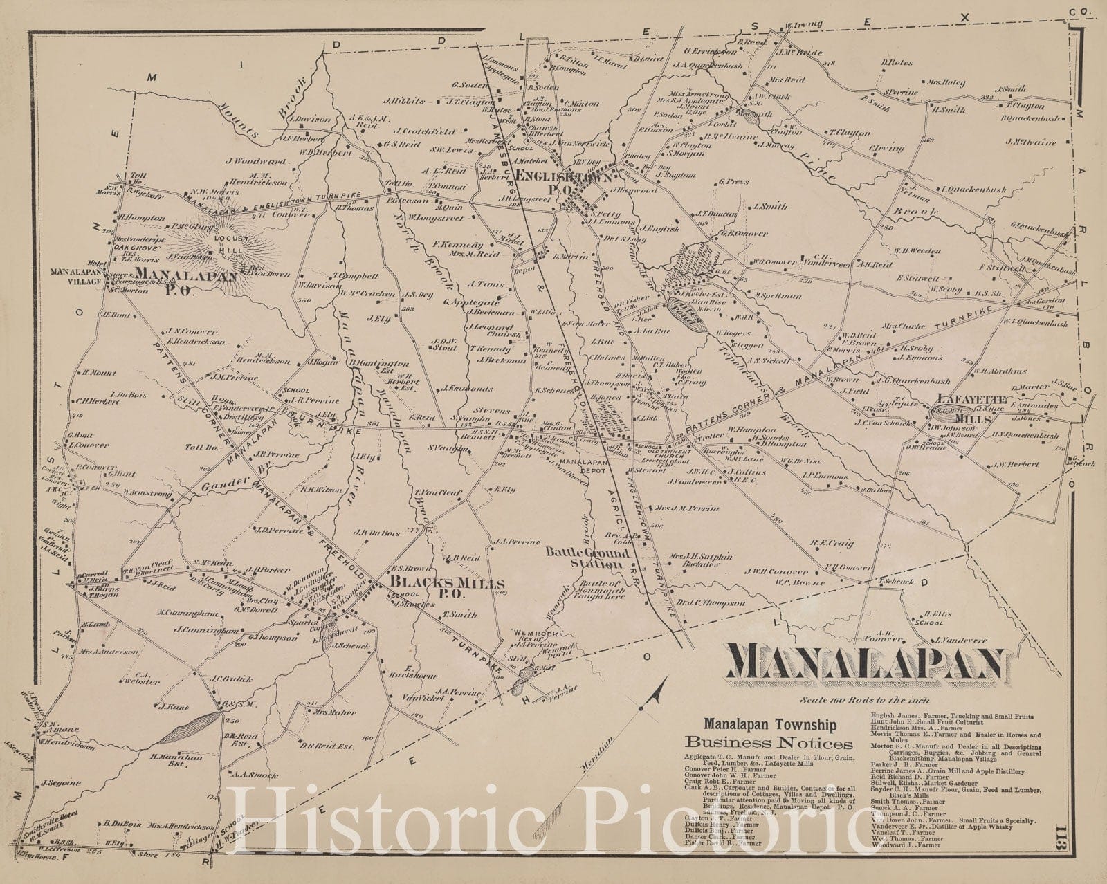 Historic Map - 1873 Monmouth Couty, New Jersey, (N.J.), Manalapan [Township]; Manalapan Township Business Notices. - Vintage Wall Art