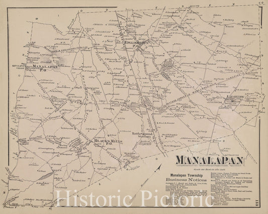 Historic Map - 1873 Monmouth Couty, New Jersey, (N.J.), Manalapan [Township]; Manalapan Township Business Notices. - Vintage Wall Art