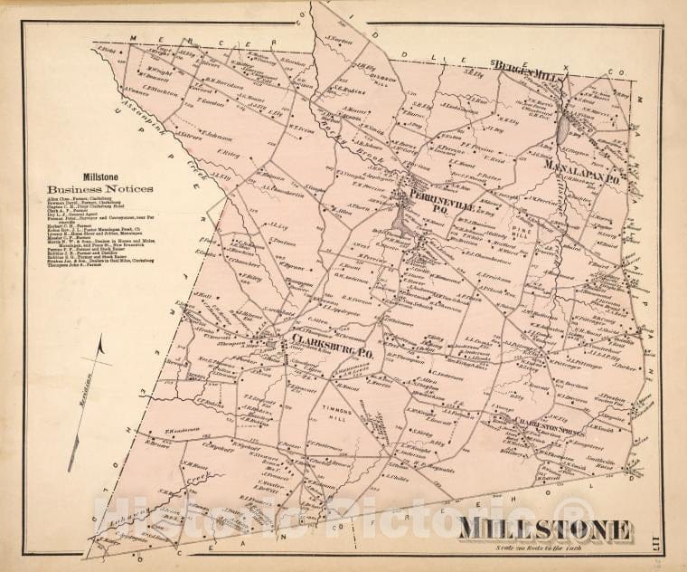 Historic Map - 1873 Monmouth Couty, New Jersey, (N.J.), Millstone [Township]; Millstone Business Notices. - Vintage Wall Art