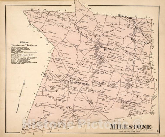 Historic Map - 1873 Monmouth Couty, New Jersey, (N.J.), Millstone [Township]; Millstone Business Notices. - Vintage Wall Art