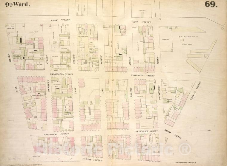 Historic 1854 Map - [Plate 69: Map Bounded By West Street, West 12Th Street, Hudson - Vintage Wall Art