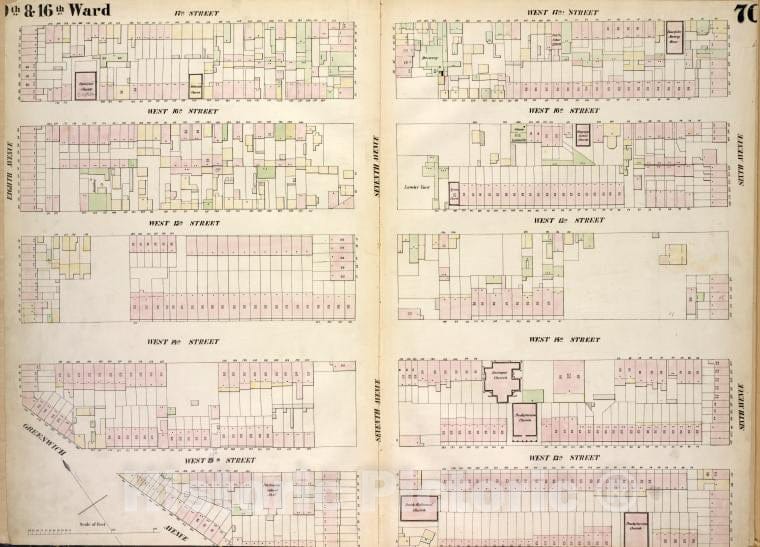 Historic 1854 Map - [Plate 70: Map Bounded By West 17Th Street, Sixth Avenue, West 1 - Vintage Wall Art