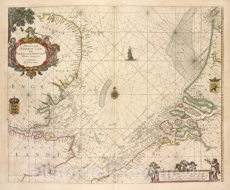 Historic 1672 Map - Pascaart Van De Noord Zee, Van Texel Tot De Hoofden. - North Sea - De Zee-Atlas Ofte Water-Wereld - Vintage Wall Art