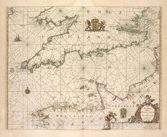 Historic 1672 Map - Het Canaal Tusschen Engeland En Vrancrijck. - English Channel - De Zee-Atlas Ofte Water-Wereld - Vintage Wall Art