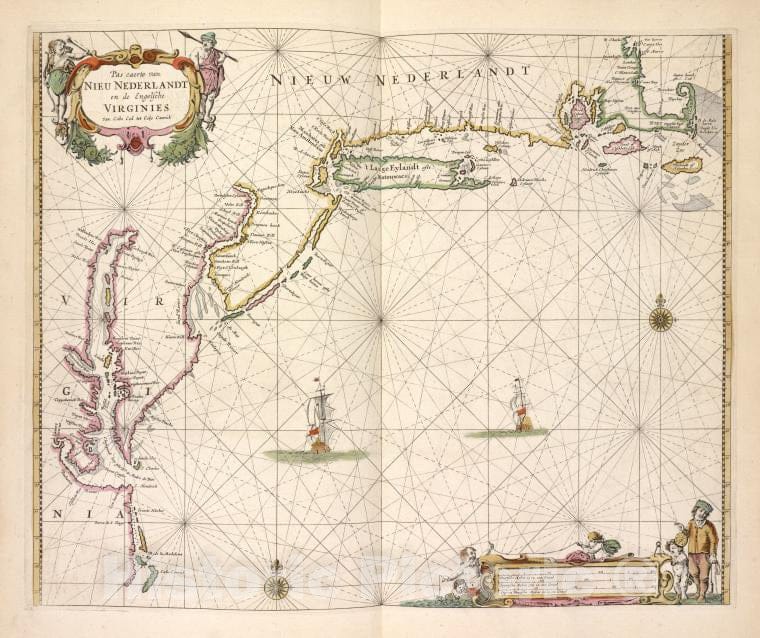 Historic 1672 Map - Pas Caerte Van Nieu Nederlandt En De Engelsche Virginies Van Cab - Vintage Wall Art