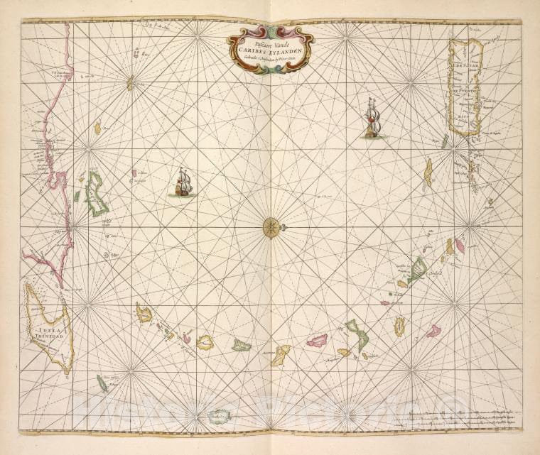 Historic 1672 Map - Pascaert Van De Caribes Eylanden. - West Indies - Caribbean Area - De Zee-Atlas Ofte Water-Wereld - Vintage Wall Art