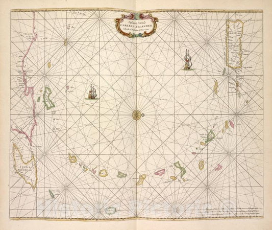 Historic 1672 Map - Pascaert Van De Caribes Eylanden. - West Indies - Caribbean Area - De Zee-Atlas Ofte Water-Wereld - Vintage Wall Art