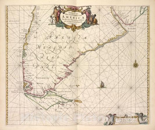 Historic Map - 1672 Paskaarte Van Het Zuydelijckste Van America, Van Rio De La Plata Tot Caap De Hoorn, Ende Inde Zuyd Zee, Tot B. De Koquimbo. - Vintage Wall Art