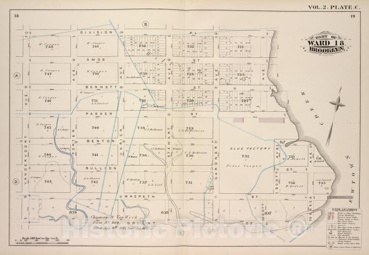 Historic Map - 1880 Brooklyn (New York, N.Y.), Division Pl, Newtown Creek, Orient St Vandervoort Ave; - Vintage Wall Art