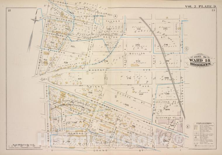 Historic Map - 1880 Brooklyn (New York, N.Y.), Frost St Kingsland Ave, Parker Pl, Vandervoort, Grant St Bushwick Ave, Humboldt St; - Vintage Wall Art