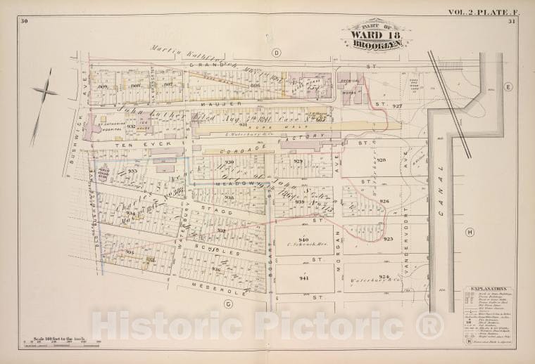 Historic Map - 1880 Brooklyn (New York, N.Y.), Grand St Canal, Meserole St Old Bushwick Ave, Bushwick Ave; - Vintage Wall Art