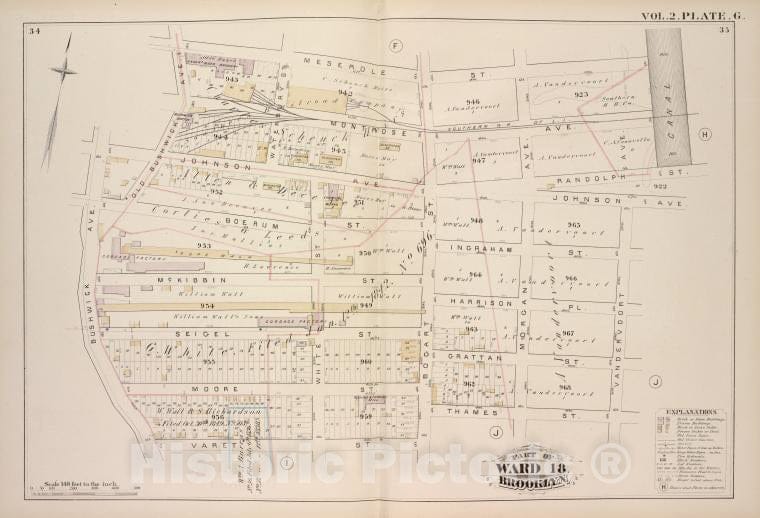 Historic Map - 1880 Brooklyn (New York, N.Y.),Meserole St Canal, Randolph St Johnson Aver, Vandervoort Ave, Thames St Varet St Bushwick Ave, Old Bushwick Ave; - Vintage Wall Art