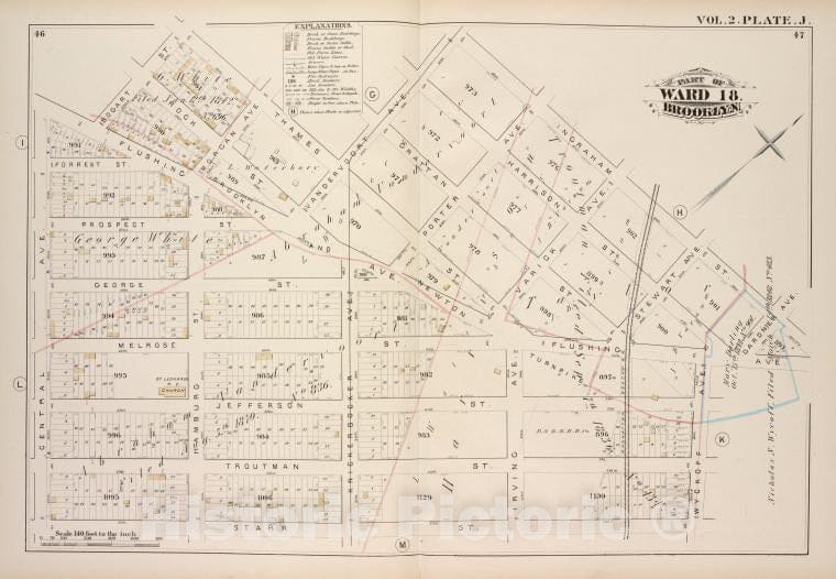 Historic Map - 1880 Brooklyn (New York, N.Y.),Bogart St Thames St Vandervoort Aver, Ingraham St Gardner Aver, Flushing Ave, Wyckoff Ave, Starr St Central Ave; - Vintage Wall Art