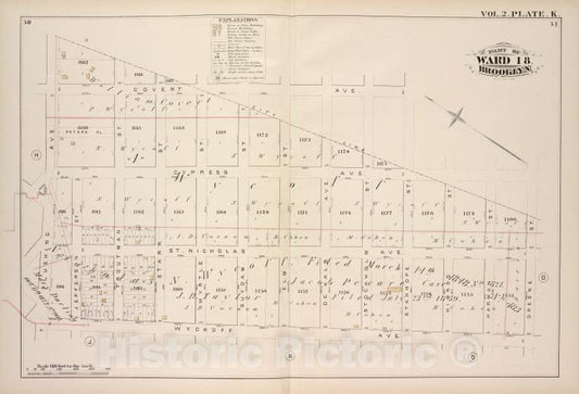 Historic Map - 1880 Brooklyn (New York, N.Y.), City Line, Greene St Wyckoff Ave, Flushing Ave, Vintage Wall Art