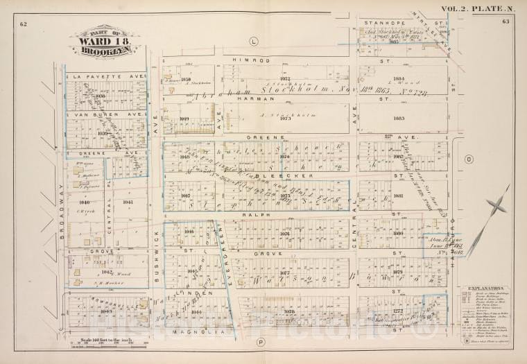 Historic Map - 1880 Brooklyn (New York, N.Y.), La Fayette Ave, Himrod St Stanhope St Hamburg St Magnolia St Broadway; - Vintage Wall Art