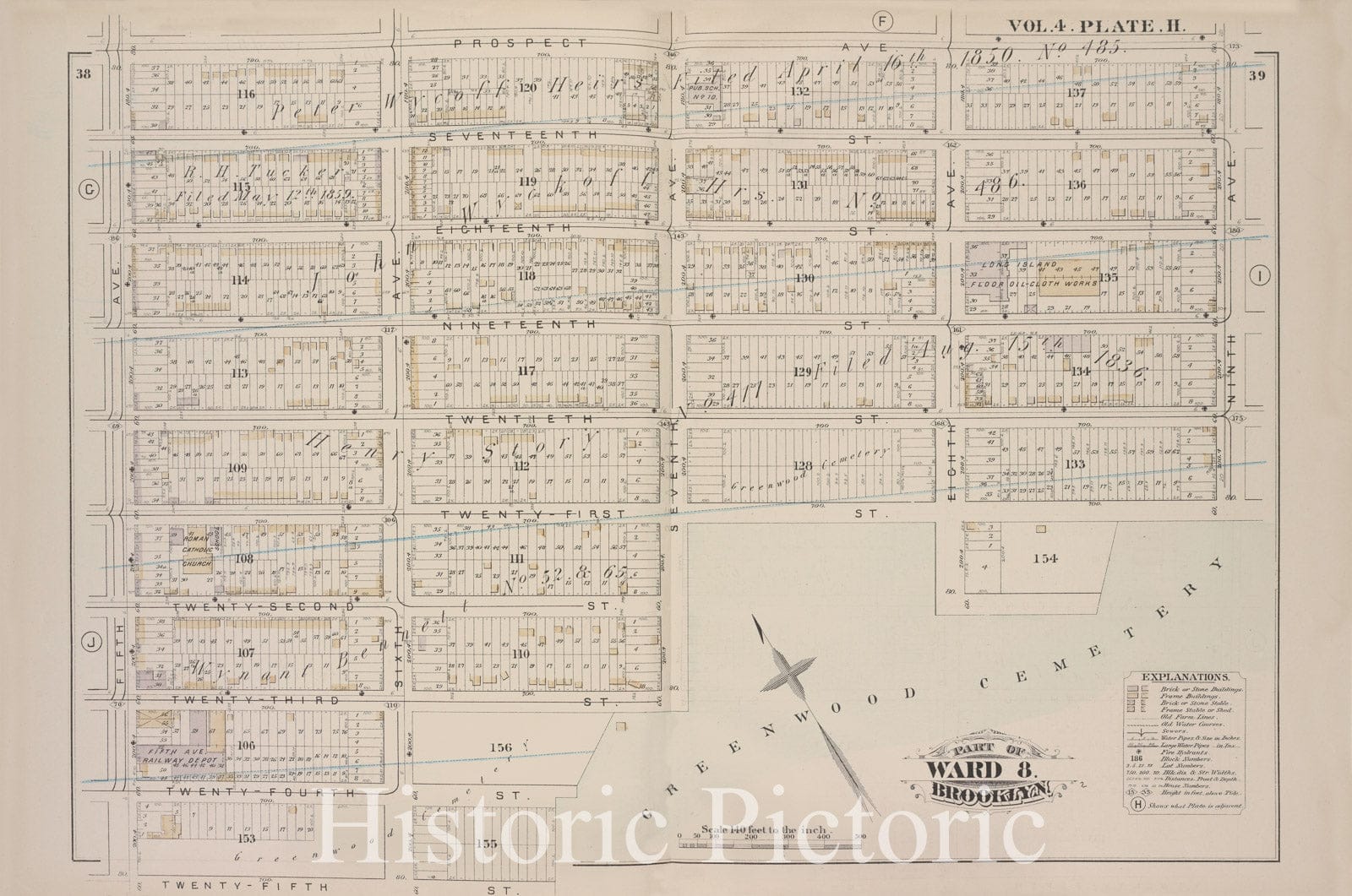 Historic Map - 1880 Brooklyn (New York, N.Y.), Prospect Ave, Ninth Ave, Greenwood Cemetery, Twenty-Fifth St Fifth Ave; - Vintage Wall Art