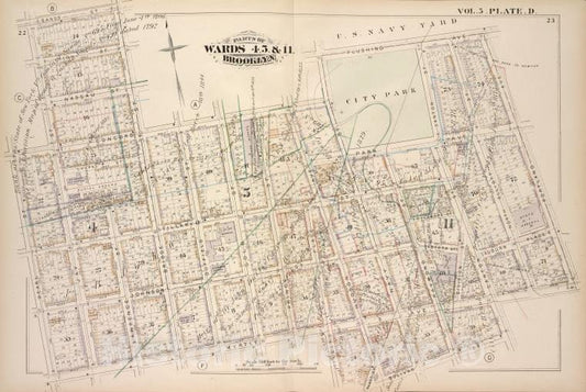 Historic Map - 1880 Brooklyn (New York, N.Y.),Sands St U.S. Navy Yard, Portland Ave, Myrtle Ave, Canton St Bolivar St Fleet Place, Pearl St Concord St Jay St; - Vintage Wall Art